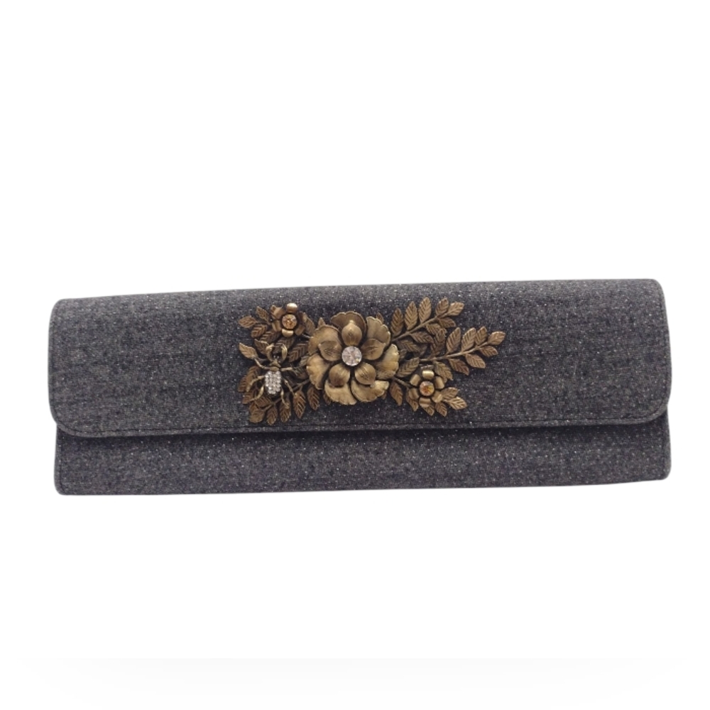 Noir NYC Clutch Bag with Metallic Floral Statement Piece